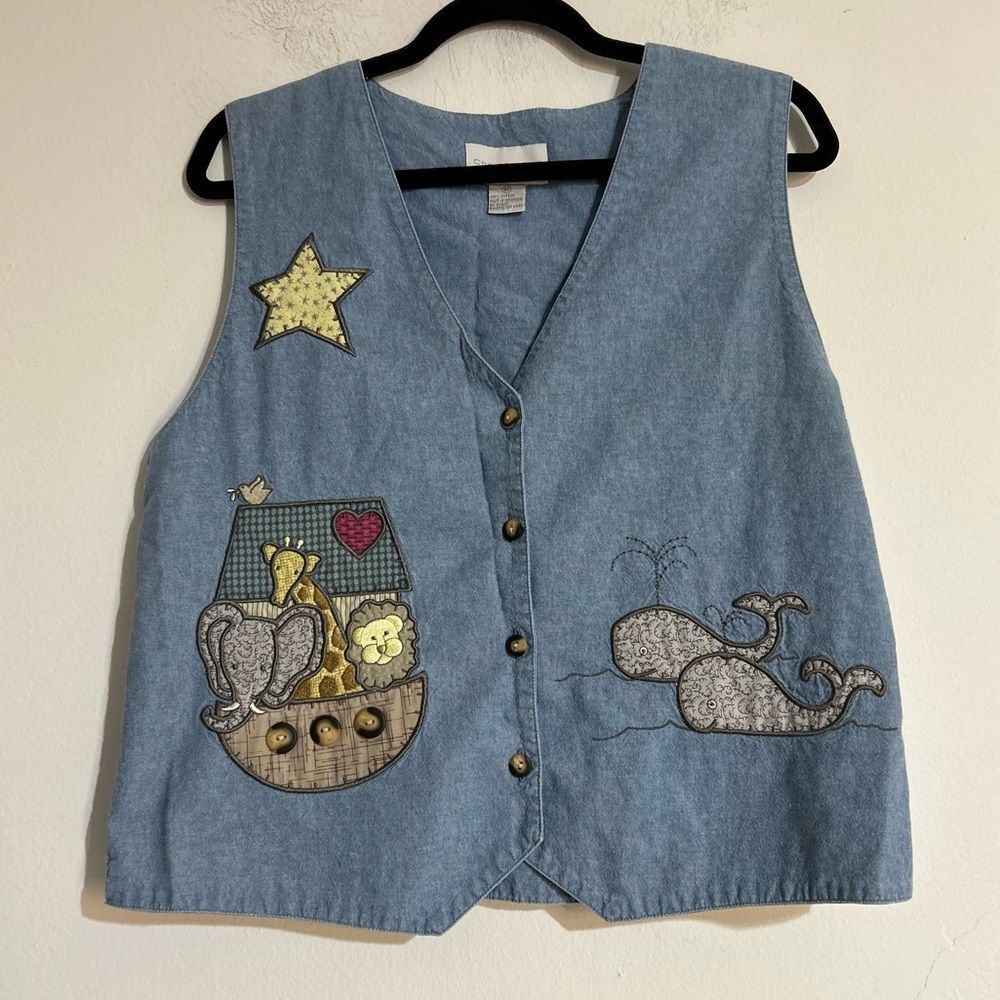 Vintage Animal Arc Embroidered Whale Elephant Giraffe Lion Denim Vest Novelty